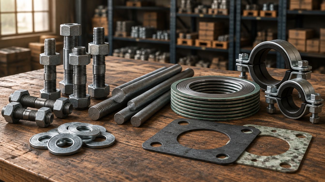 Stud bolts, nuts, washers, threaded rod, spiral-wound and sheet gaskets, and pipe clamps on a workbench