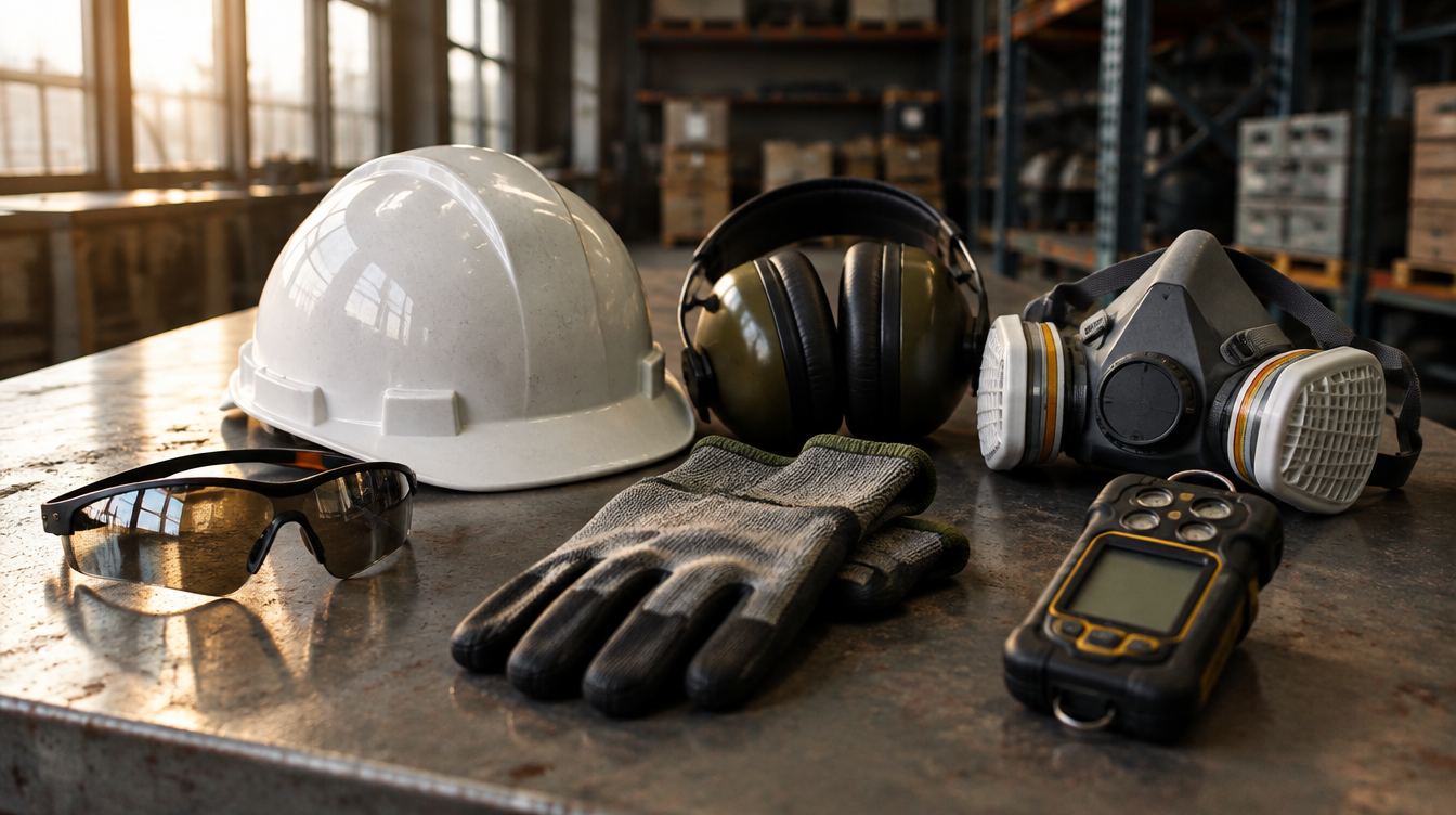Hard hat, safety glasses, gloves, earmuffs, respirator, and a portable gas detector on a steel bench